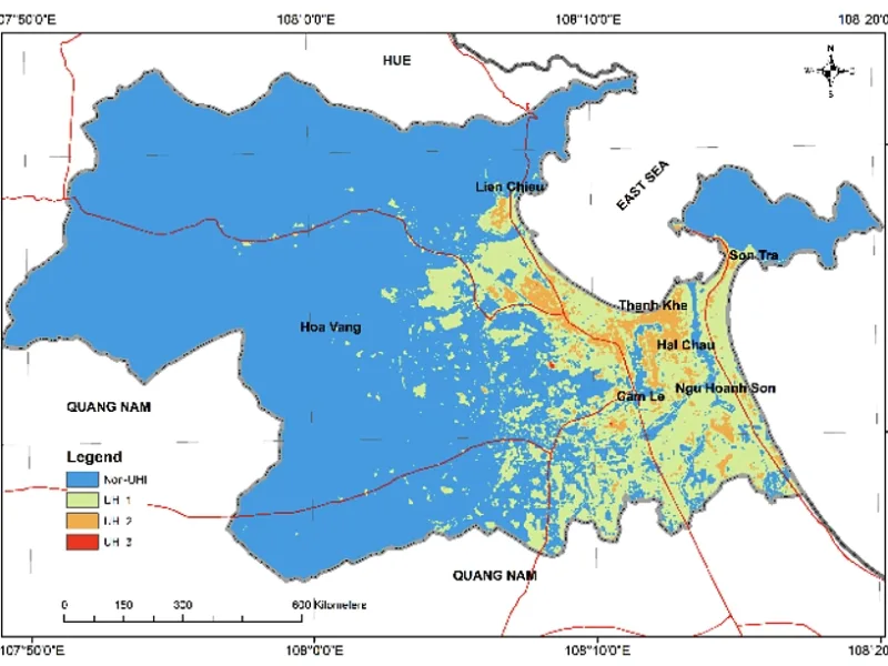 Bản đồ đảo nhiệt đô thị Đà Nẵng trong nghiên cứu vào năm 2020. Vùng nóng tập trung chủ yếu ở khu vực đô thị hóa dày đặc như Hải Châu, Thanh Khê. Các khu vực như Hòa Vang và bán đảo Sơn Trà hầu như không ghi nhận đảo nhiệt. Ảnh: DOI: 10.46326/JMES.2023.64(3).09